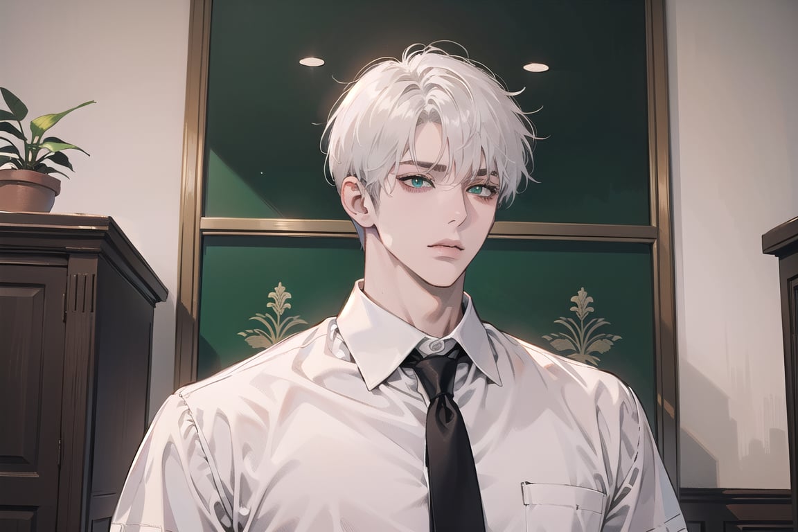 Ydor, 1boy, ((solo focus)), ((white short hair)), (Left side-parting bangs), green eyes, handsome, mature, angular jaw, thick neck, ((white)) ((shirt:1.3)), short sleeve, tie, by Raphael, masterpiece, upper body shot, magnificent indoor hall