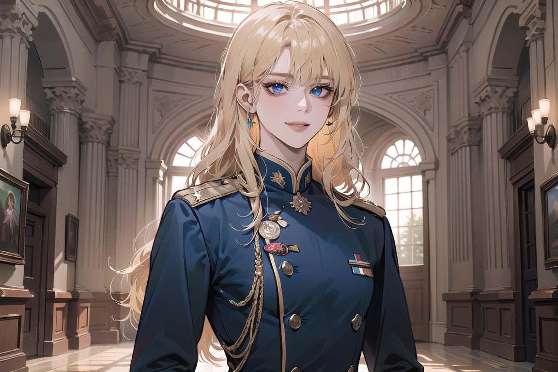 Oxyia, 1 mature woman, solo, ((Blonde hair)), (bangs), wavy long hair, blue eyes, smirk, ((small chest:1.2)), wearing a (red military uniform), long sleeve, by Raphael, masterpiece, upper body shot, magnificent indoor hall