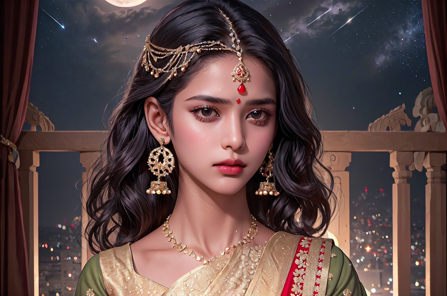 RWA photo, best quality, masterpiece, 8K resolution, ((solo:1.3)), ((1girl)), Indian beautiful teen girl, exquisite facial features, wearing luxurious saree, adorned with elaborate golden earrings and headpiece, ((black short hair)), ((wavy hair)), ((dark skin)), black eyes, serious expression, close up portrait, perfect figure, cinematic lighting, in starlit night with big moon