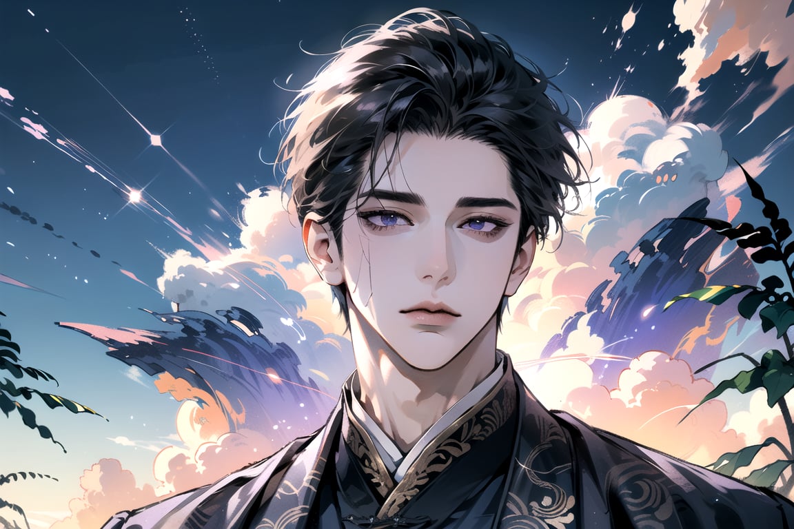 (Absurdres, Intricate Details, Masterpiece, Best Quality, High Resolution, 8k), (1man), (male:1.2), mature face, (mature boy:1.2), serious, finely detailed eyes and face, lean body, (black long straight hair:1.2), (purple eyes), (((Purple)) Chinese costume), (focus on character:1.1), solo, full shot, full body, detailed background, detailed face, thunder manipulation, dynamic shadows, ethereal atmosphere, Depth of Field, spellcaster, Chinese style, (((Ascension))), Mysterious clouds, thunderstorm