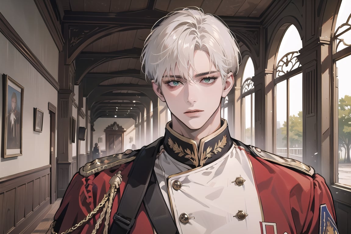 Ydor, 1boy, ((solo focus)), ((white short hair)), (Left side-parting bangs), green eyes, handsome, mature, angular jaw, thick neck, ((Red)) ((military uniform:1.3)), by Raphael, masterpiece, upper body shot, magnificent indoor hall