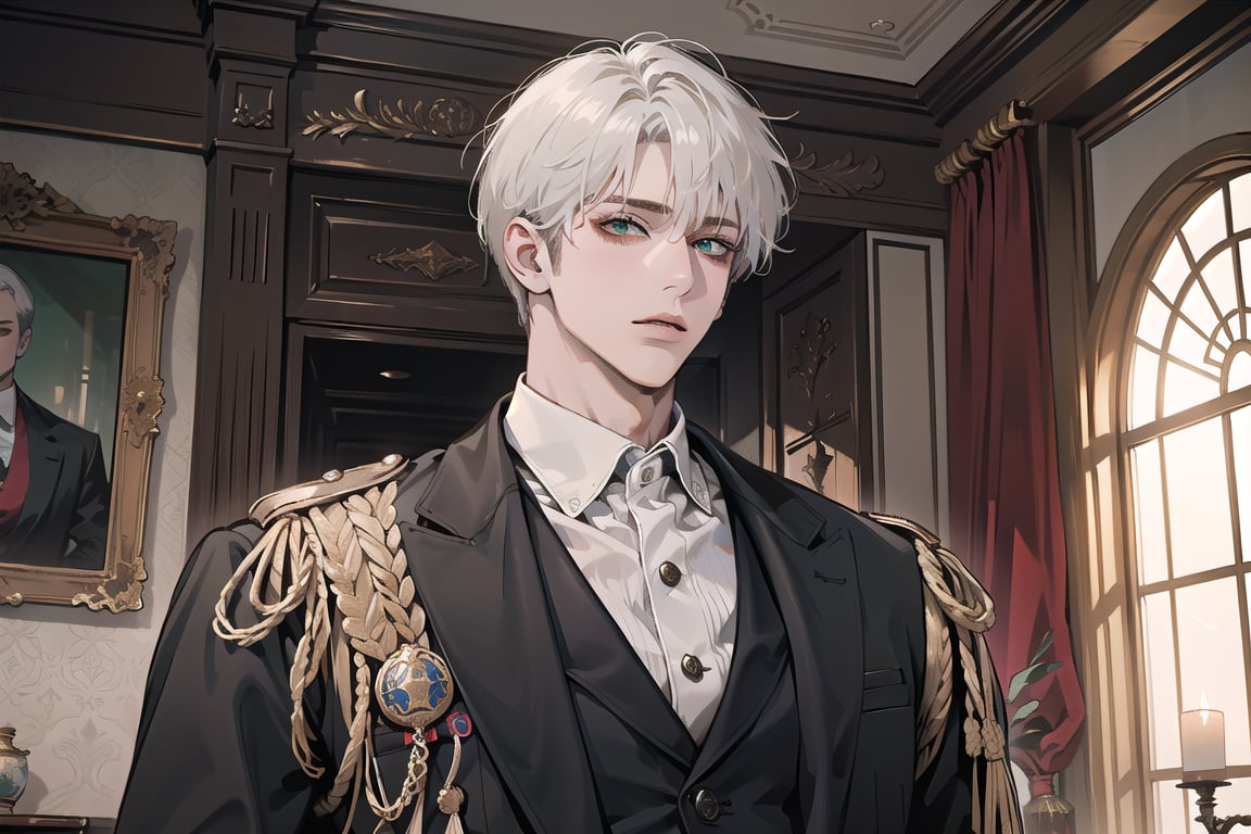 Ydor, 1boy, ((solo focus)), ((white short hair)), (Left side-parting bangs), green eyes, handsome, mature, angular jaw, thick neck, ((royal)) ((Three-piece Suit:1.3)), by Raphael, masterpiece, upper body shot, magnificent indoor hall