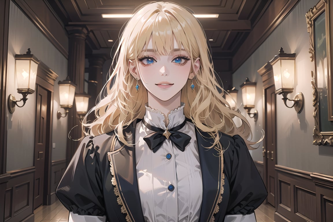 1girl, solo, ((Blonde hair)), (bangs), wavy hair, blue eyes, ((small chest:1.2)), seductive smile, Golden earing, wearing a (Victorian School Uniform), by Raphael, masterpiece, upper body shot, magnificent indoor hall