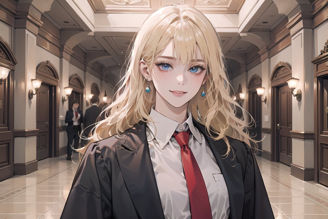 1girl, solo, ((Blonde hair)), (bangs), wavy long hair, blue eyes, ((small chest:1.3)), smile, earing, wearing a ((Red tie)) (Victorian School Uniform), by Raphael, masterpiece, upper body shot, magnificent indoor hall