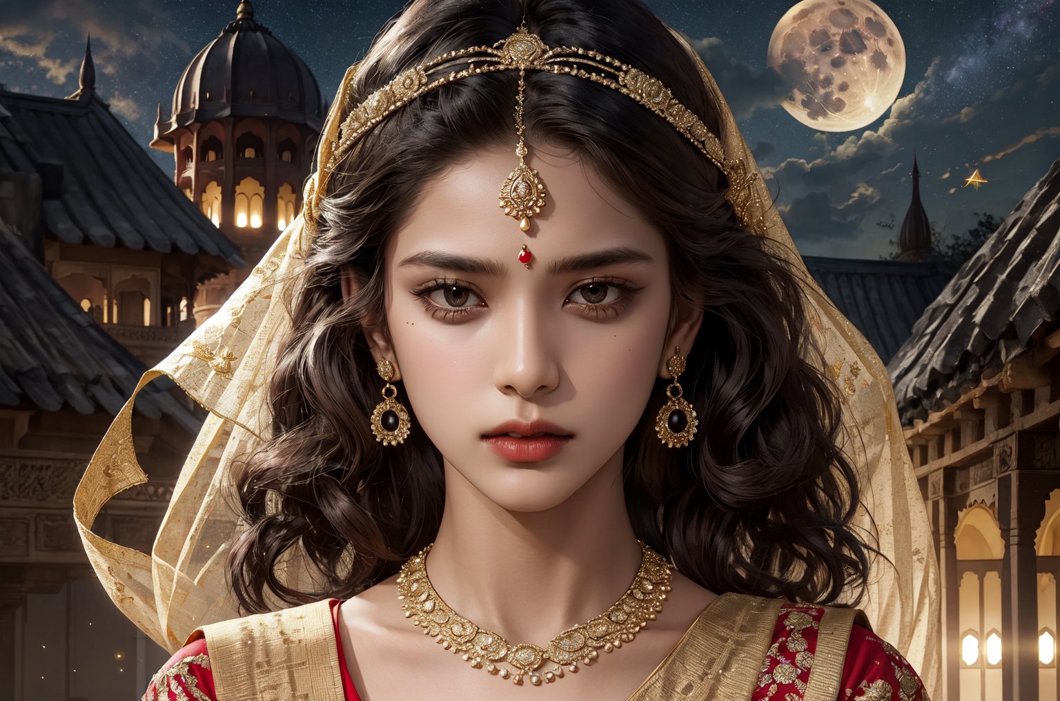 RWA photo, best quality, masterpiece, 8K resolution, ((solo:1.3)), ((1girl)), Indian beautiful teen girl, exquisite facial features, wearing luxurious saree, adorned with elaborate golden earrings and headpiece, ((black short hair)), ((wavy hair)), ((dark skin)), black eyes, serious expression, close up portrait, perfect figure, cinematic lighting, in starlit night with big moon, at acient palace