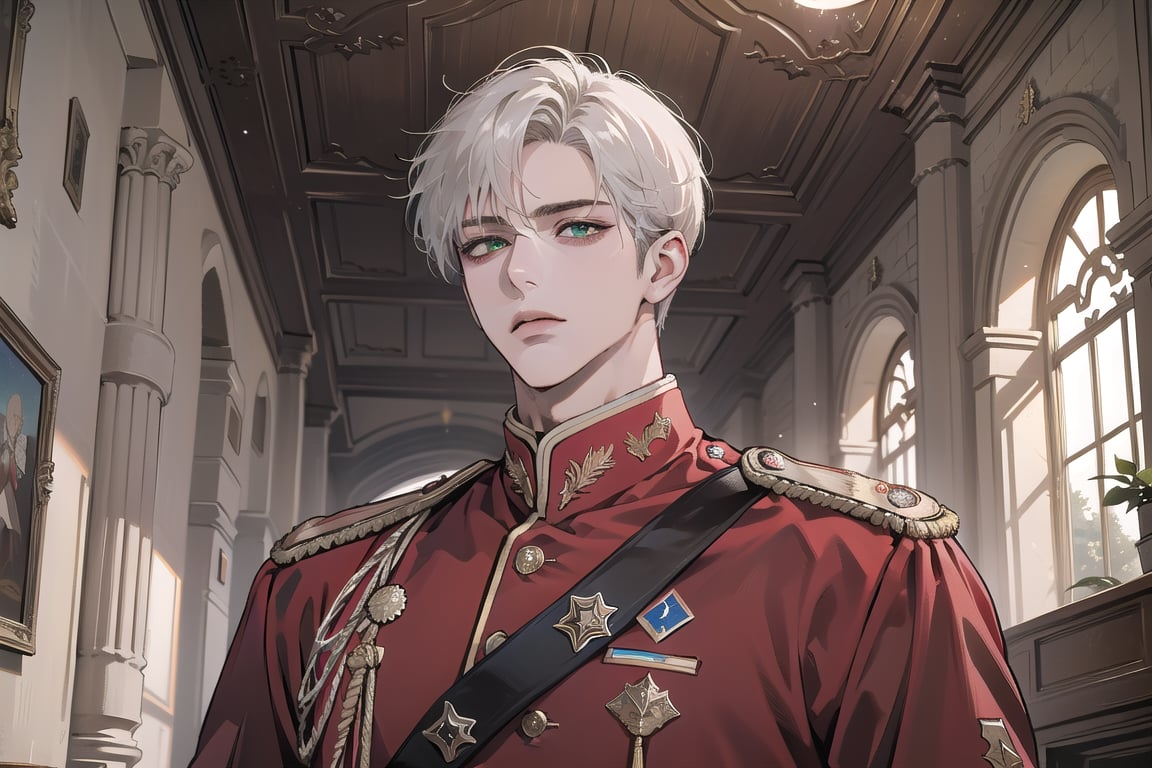 Ydor, 1boy, ((solo focus)), ((white short hair)), (Left side-parting bangs), green eyes, handsome, mature, angular jaw, thick neck, ((Red)) ((military uniform:1.3)), by Raphael, masterpiece, upper body shot, magnificent indoor hall