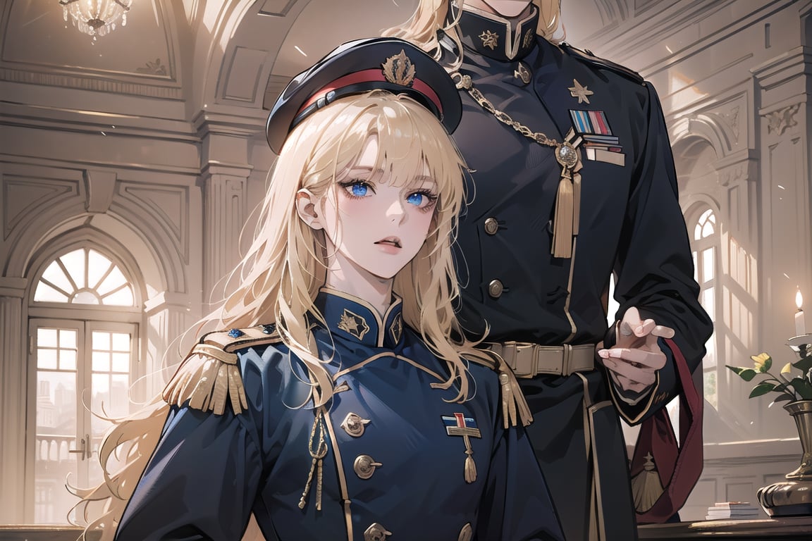 Oxyia, 1 mature woman, solo, ((Blonde hair)), (bangs), wavy long hair, blue eyes, ((small chest:1.2)), close mouth, wearing a (military uniform), long sleeve, by Raphael, masterpiece, upper body shot, magnificent indoor hall