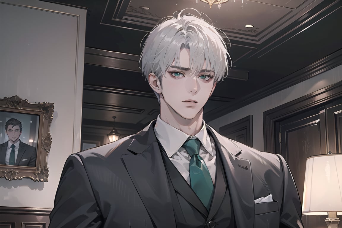 Ydor, 1boy, ((solo focus)), ((white short hair)), (Left side-parting bangs), green eyes, handsome, mature, angular jaw, thick neck, ((Gray)) ((Three-piece Suit:1.3)), by Raphael, masterpiece, upper body shot, magnificent indoor hall