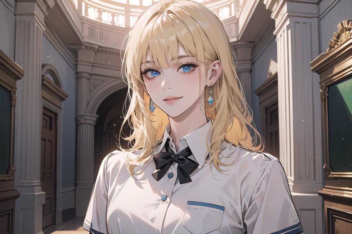 1 woman, ((mature)), solo, ((Blonde hair)), (bangs), wavy hair, blue eyes, ((small chest:1)), seductive smile, Golden earing, wearing a (School Uniform), by Raphael, masterpiece, upper body shot, magnificent indoor hall