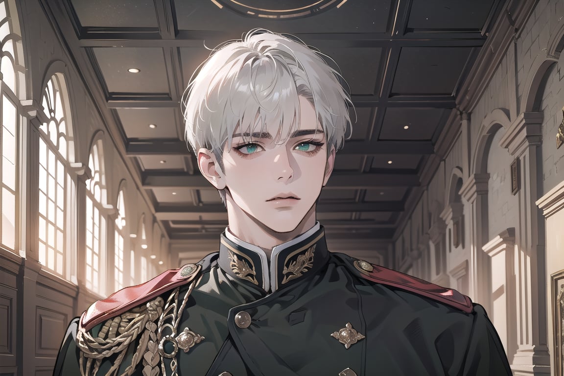 Ydor, 1boy, ((solo focus)), ((white short hair)), (Left side-parting bangs), green eyes, handsome, mature, angular jaw, thick neck, ((Gray)) ((military uniform:1.3)), by Raphael, masterpiece, upper body shot, magnificent indoor hall