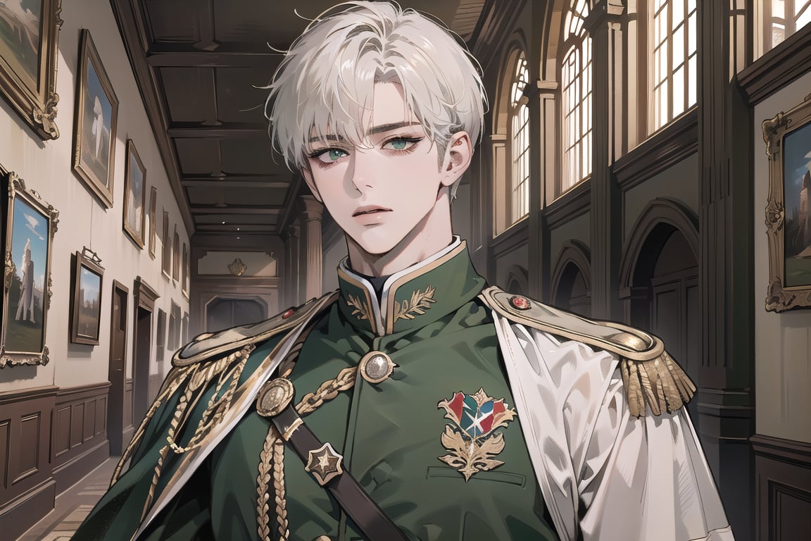 Ydor, 1boy, ((solo focus)), ((white short hair)), (Left side-parting bangs), green eyes, handsome, mature, angular jaw, thick neck, ((Olive)) ((military uniform:1.3)), by Raphael, masterpiece, upper body shot, magnificent indoor hall