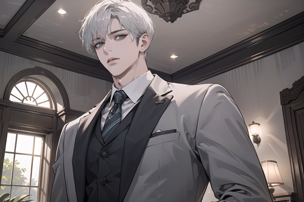 Ydor, 1boy, ((solo focus)), ((white short hair)), (Left side-parting bangs), green eyes, handsome, mature, angular jaw, thick neck, ((Gray)) ((Three-piece Suit:1.3)), by Raphael, masterpiece, upper body shot, magnificent indoor hall