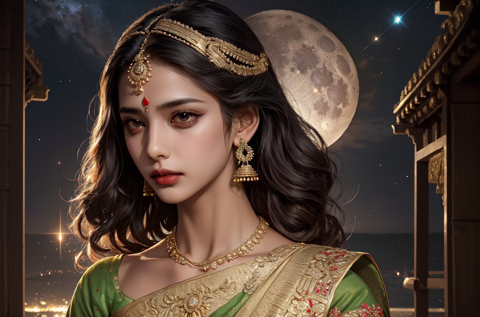 RWA photo, best quality, masterpiece, 8K resolution, ((solo:1.3)), ((1girl)), Indian beautiful teen girl, exquisite facial features, wearing luxurious saree, adorned with elaborate golden earrings and headpiece, ((black short hair)), ((wavy hair)), ((dark skin)), black eyes, serious expression, close up portrait, perfect figure, cinematic lighting, in starlit night with big moon