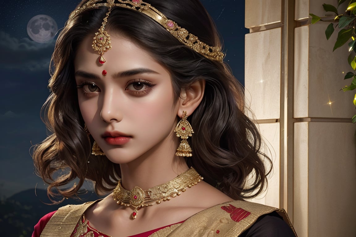 RWA photo, best quality, masterpiece, 8K resolution, ((solo:1.3)), ((1girl)), Indian beautiful teen girl, exquisite facial features, wearing luxurious saree, adorned with elaborate golden earrings and headpiece, ((black short hair)), ((wavy hair)), ((dark skin)), black eyes, serious expression, close up portrait, perfect figure, cinematic lighting, in starlit night with big moon