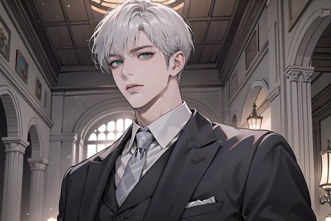 Ydor, 1boy, ((solo focus)), ((white short hair)), (Left side-parting bangs), green eyes, handsome, mature, angular jaw, thick neck, ((Gray)) ((Three-piece Suit:1.3)), by Raphael, masterpiece, upper body shot, magnificent indoor hall