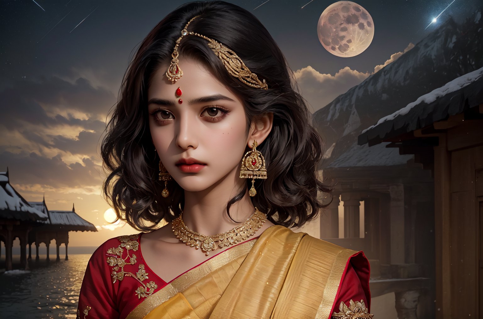 RWA photo, best quality, masterpiece, 8K resolution, ((solo:1.3)), ((1girl)), Indian beautiful teen girl, exquisite facial features, wearing luxurious saree, adorned with elaborate golden earrings and headpiece, ((black short hair)), ((wavy hair)), ((dark skin)), black eyes, serious expression, close up portrait, perfect figure, cinematic lighting, in starlit night with big moon