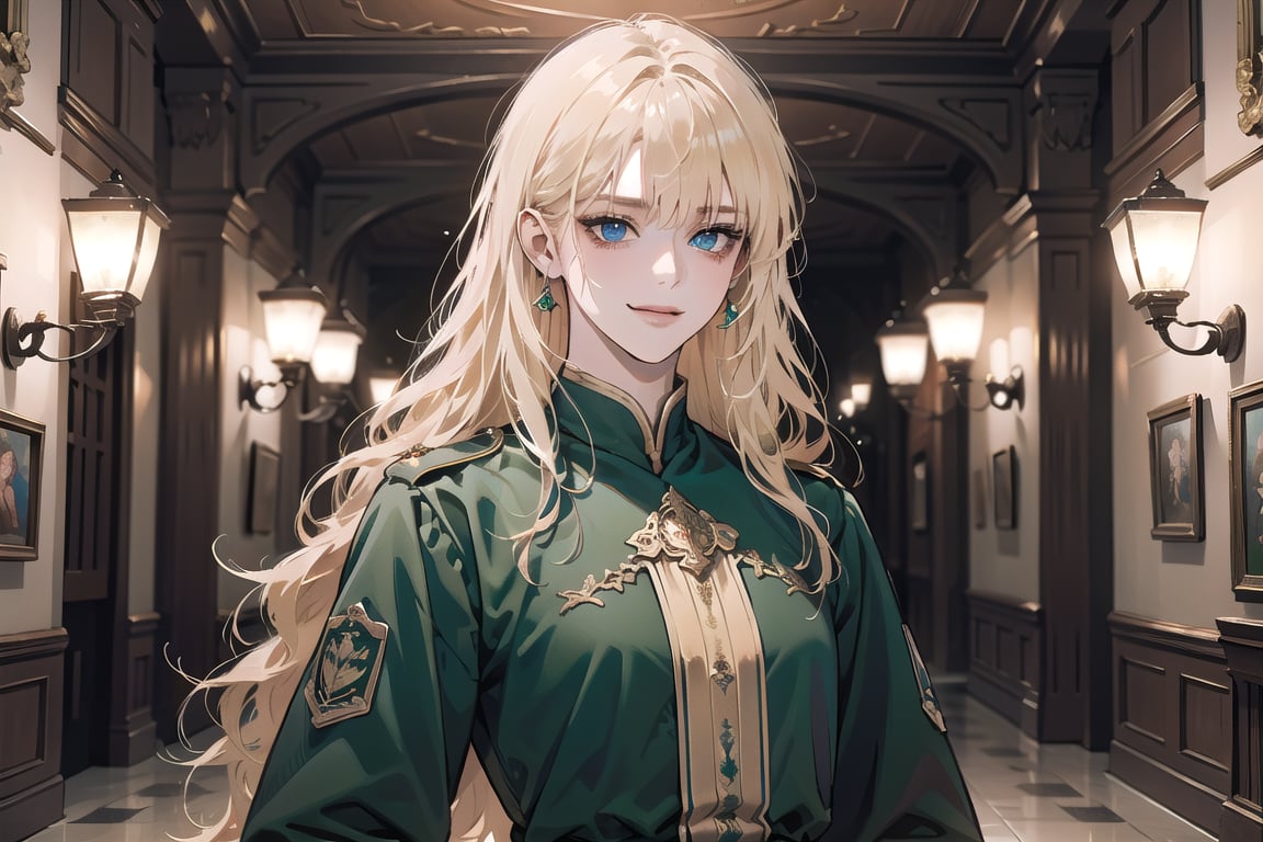 Oxyia, 1girl, solo, ((Blonde hair)), (bangs), wavy long hair, blue eyes, smirk, ((small chest:1.3)), ((slim figure)), wearing a (green military tunic), long sleeve, by Raphael, masterpiece, upper body shot, magnificent indoor hall