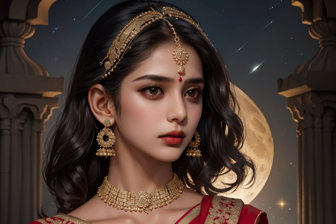 RWA photo, best quality, masterpiece, 8K resolution, ((solo:1.3)), ((1girl)), Indian beautiful teen girl, exquisite facial features, wearing luxurious saree, adorned with elaborate golden earrings and headpiece, ((black short hair)), ((wavy hair)), ((dark skin)), black eyes, serious expression, close up portrait, perfect figure, cinematic lighting, in starlit night with big moon