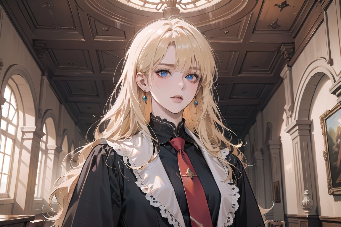 1girl, solo, ((Blonde hair)), (bangs), wavy long hair, blue eyes, ((small chest:1.2)), earing, wearing a ((Red tie)) (Victorian School Uniform), by Raphael, masterpiece, upper body shot, magnificent indoor hall