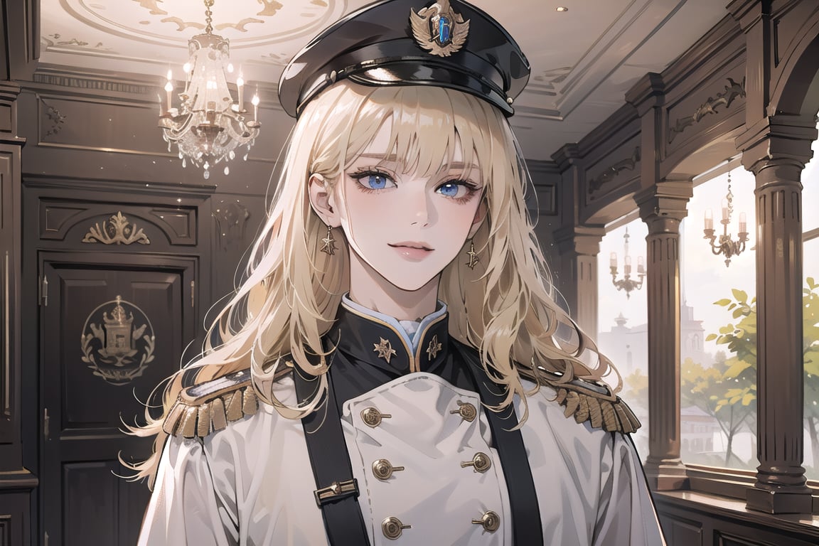 Oxyia, 1 mature woman, solo, ((Blonde hair)), (bangs), wavy long hair, blue eyes, smirk, ((small chest:1)), wearing a (white military uniform), long sleeve, by Raphael, masterpiece, upper body shot, magnificent indoor hall