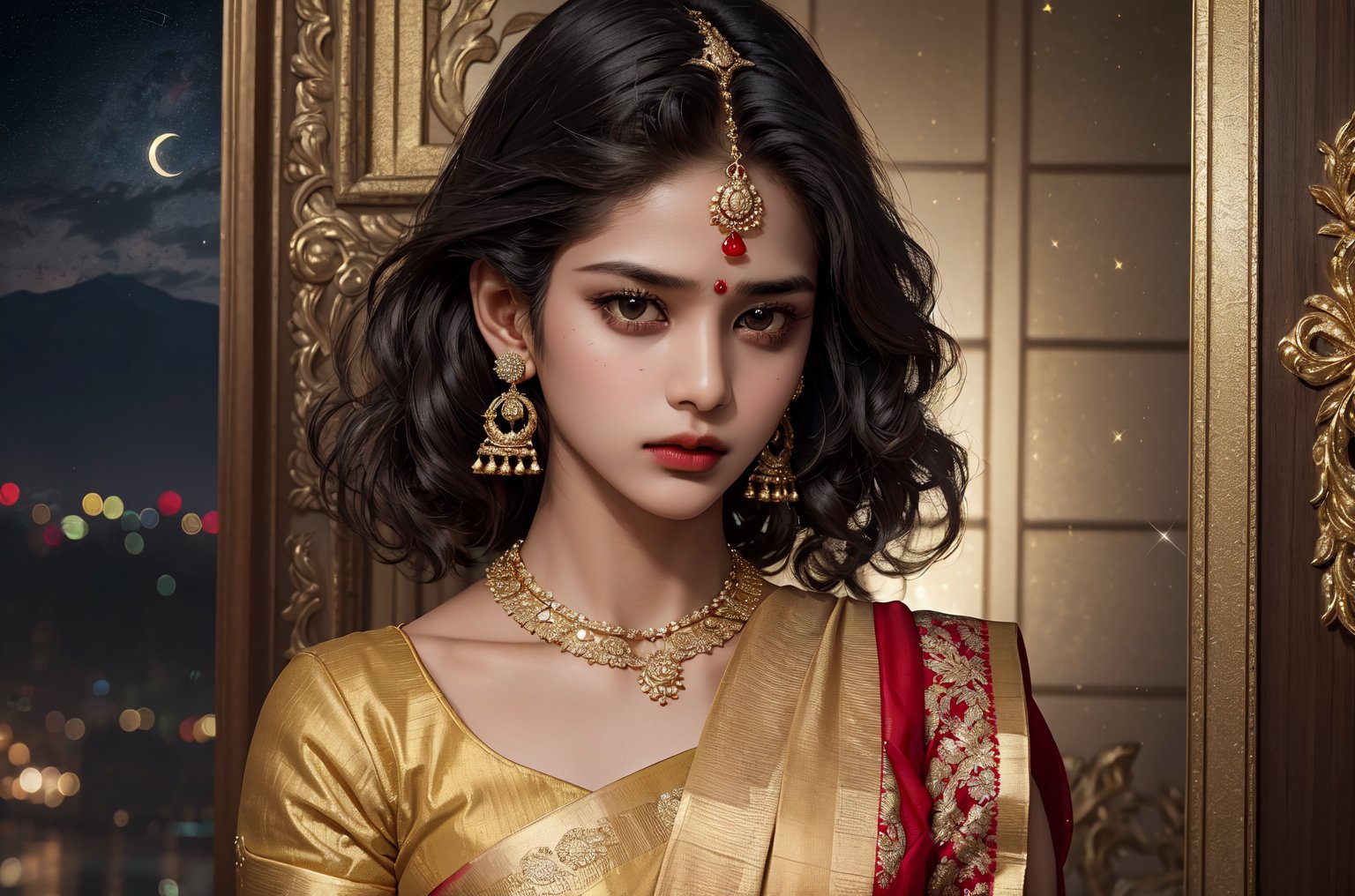 RWA photo, best quality, masterpiece, 8K resolution, ((solo:1.3)), ((1girl)), Indian beautiful teen girl, exquisite facial features, wearing luxurious saree, adorned with elaborate golden earrings and headpiece, ((black short hair)), ((wavy hair)), ((dark skin)), black eyes, serious expression, close up portrait, perfect figure, cinematic lighting, in starlit night with big moon