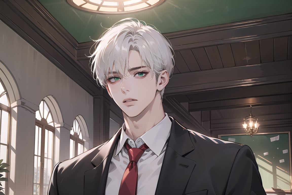 Ydor, 1boy, ((solo focus)), ((white short hair)), (Left side-parting bangs), green eyes, handsome, angular jaw, thick neck, ((School uniform:1.3)), Red tie, short sleeve, shirt, by Raphael, masterpiece, upper body shot, magnificent indoor hall