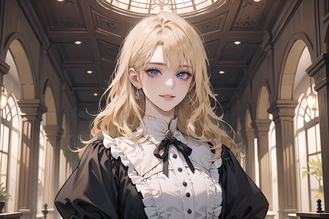 1girl, solo, ((Blonde hair)), (bangs), wavy hair, blue eyes, ((small chest:1.3)), seductive smile, Golden earing, wearing a (Victorian dress), by Raphael, masterpiece, upper body shot, magnificent indoor hall