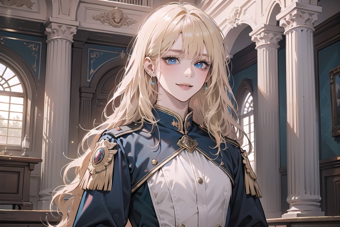 Oxyia, 1girl, solo, ((Blonde hair)), (bangs), wavy long hair, blue eyes, smile, ((small chest:1.3)), ((slim figure:1.2)), wearing a (pink military tunic), long sleeve, by Raphael, masterpiece, upper body shot, magnificent indoor hall