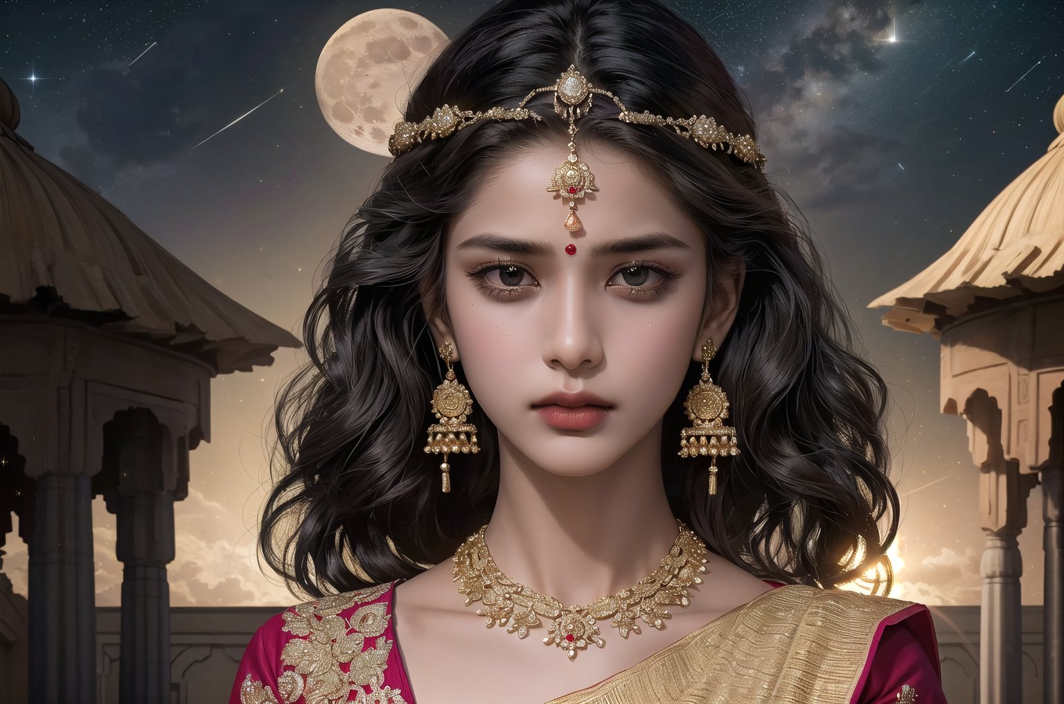 RWA photo, best quality, masterpiece, 8K resolution, ((solo:1.3)), ((1girl)), Indian beautiful teen girl, exquisite facial features, wearing luxurious saree, adorned with elaborate golden earrings and headpiece, ((black short hair)), ((wavy hair)), ((dark skin)), black eyes, serious expression, close up portrait, perfect figure, cinematic lighting, in starlit night with big moon