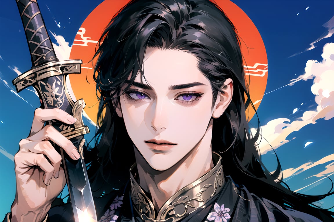 (Absurdres, Intricate Details, Masterpiece, Best Quality, High Resolution, 8k), (1man), (male:1.2), mature face, (mature boy:1.2), serious, ((holding sword)), finely detailed eyes and face, lean body, (black long straight hair:1.2), (purple eyes), (((Purple)) Chinese costume), (focus on character:1.1), solo, full shot, full body, detailed background, detailed face, thunder, Chinese style