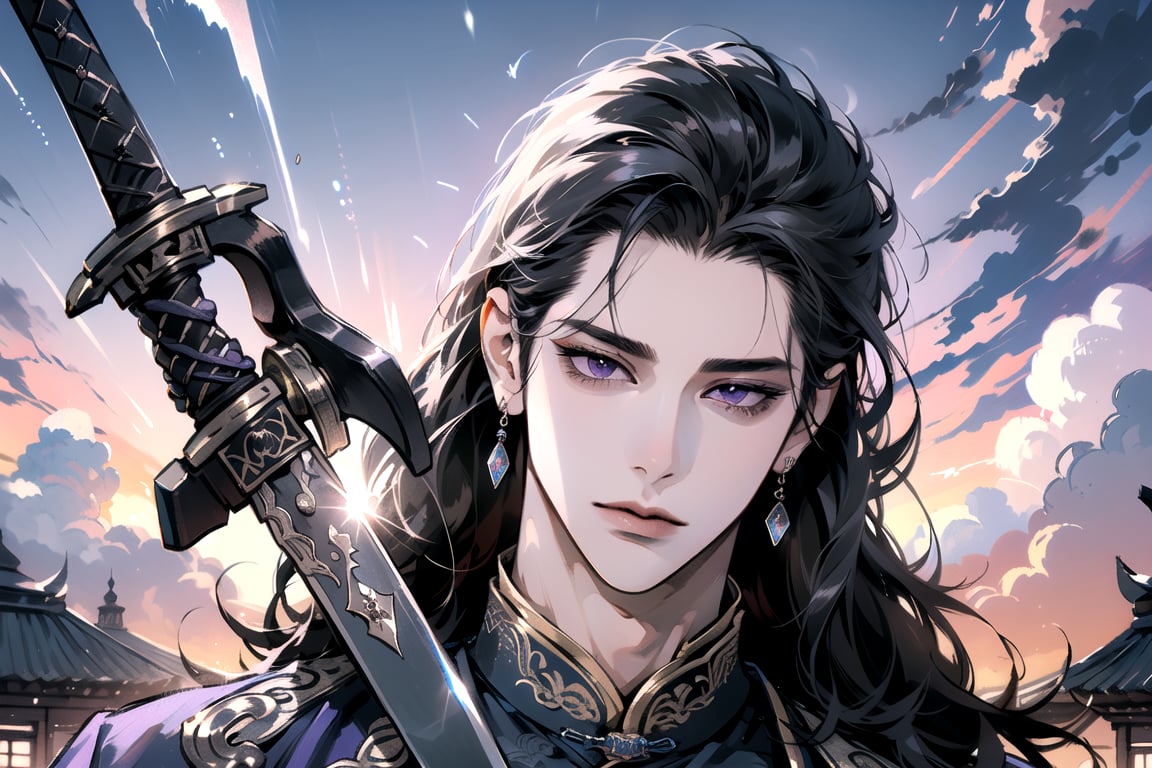 (Absurdres, Intricate Details, Masterpiece, Best Quality, High Resolution, 8k), (1man), (male:1.2), mature face, (mature boy:1.2), serious, ((holding sword)), finely detailed eyes and face, lean body, (black long straight hair:1.2), (purple eyes), (((Purple)) Chinese costume), (focus on character:1.1), solo, full shot, full body, detailed background, detailed face, thunder manipulation, dynamic shadows, ethereal atmosphere, Depth of Field, spellcaster, Chinese style, (((Ascension))), Mysterious clouds, thunderstorm