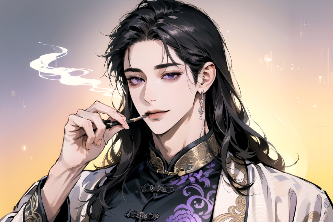 A man lying on a luxurious Chinese-style bed, holding a smoking pipe, (Absurdres, Intricate Details, Masterpiece, Best Quality, High Resolution, 8k), (1man), (male:1.2), mature face, (mature boy:1.2), smile, finely detailed eyes and face, lean body, (black ((long)) straight hair:1.2), (purple eyes), handsome, angular jaw, hair styled to reveal the forehead, (((Purple)) Chinese costume), (focus on character:1.1), solo, upper body shot, detailed background, luxurious and ornate bed with Chinese motifs, serene expression, ethereal atmosphere, Depth of Field, Chinese style, soft and natural lighting
