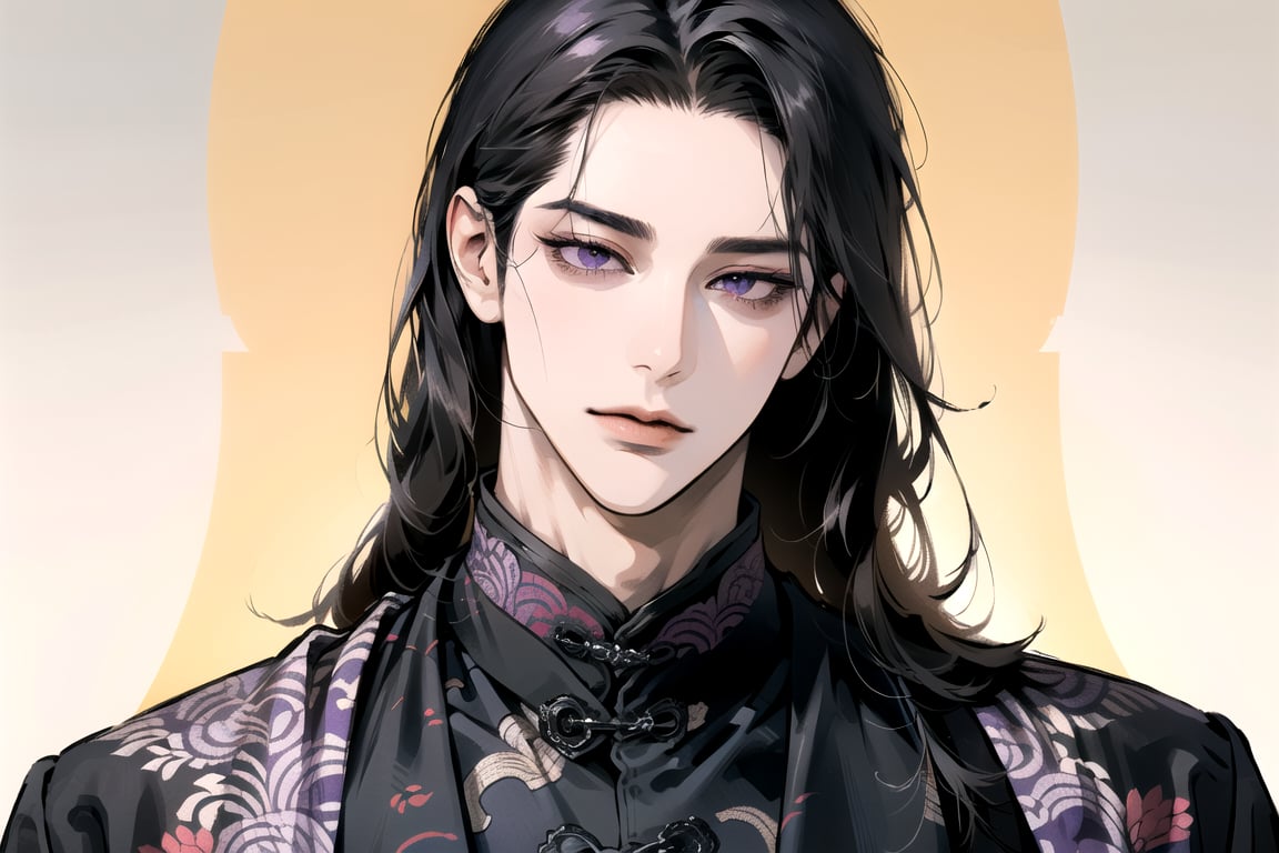 (Absurdres, Intricate Details, Masterpiece, Best Quality, High Resolution, 8k), (1man), (male:1.2), mature face, (mature boy:1.2), evil, finely detailed eyes and face, lean body, (black ((long)) straight hair:1.2), (purple eyes), ((Medium score)), To reveal the forehead, handsome, angular jaw, (((Purple)) Chinese costume), (focus on character:1.1), solo, upper body shot, detailed background, detailed face, Chinese style