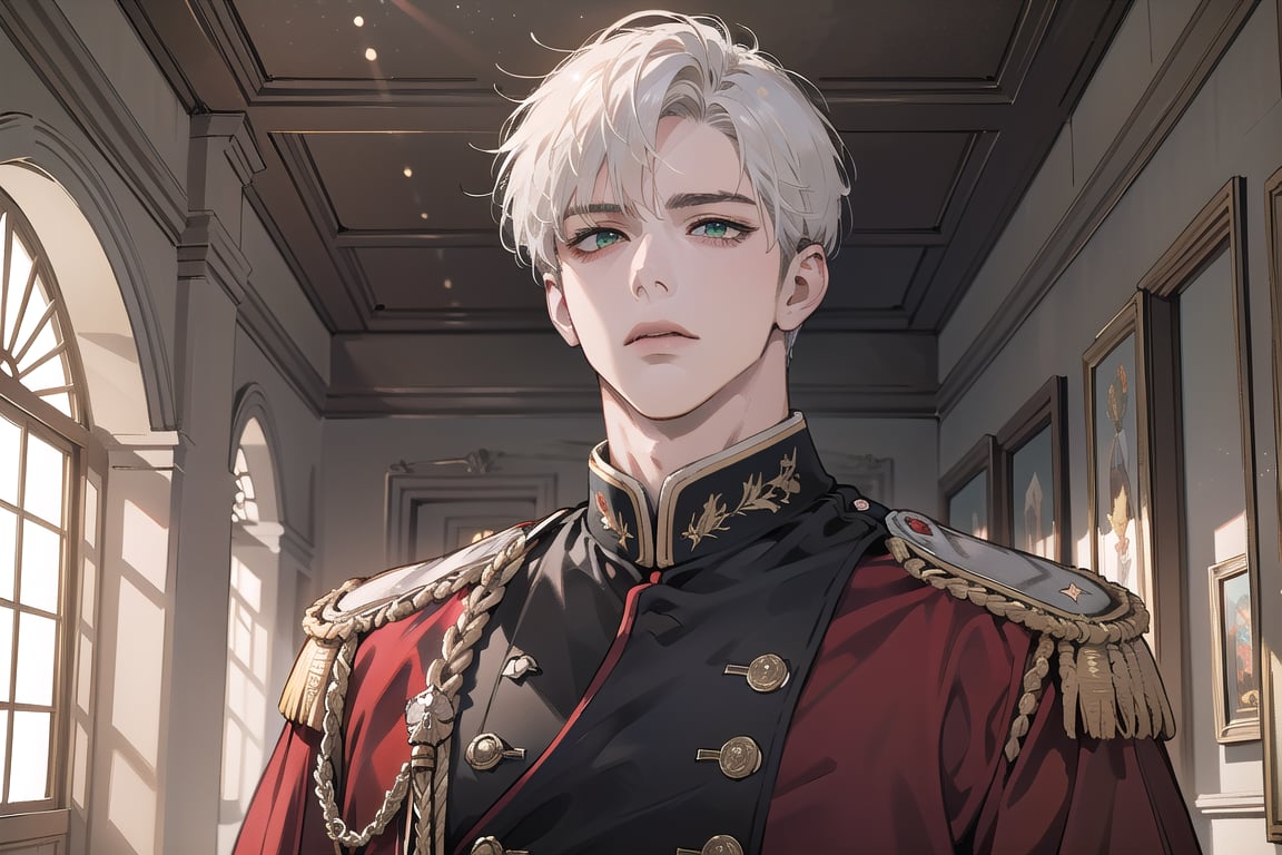 Ydor, 1boy, ((solo focus)), ((white short hair)), (Left side-parting bangs), green eyes, handsome, mature, angular jaw, thick neck, ((Red)) ((military uniform:1.3)), by Raphael, masterpiece, upper body shot, magnificent indoor hall