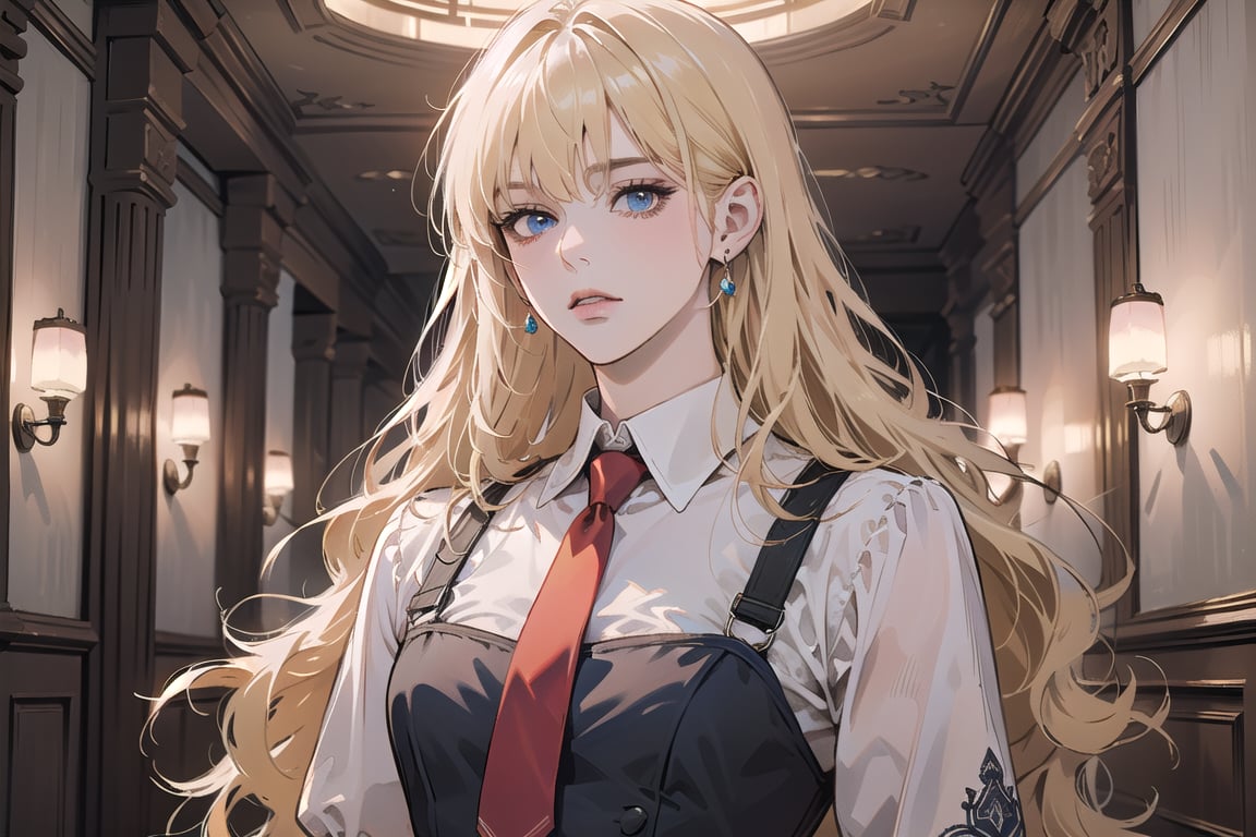 1girl, solo, ((Blonde hair)), (bangs), wavy long hair, blue eyes, ((small chest:1.2)), earing, wearing a ((Red tie)) (Victorian School Uniform), by Raphael, masterpiece, upper body shot, magnificent indoor hall