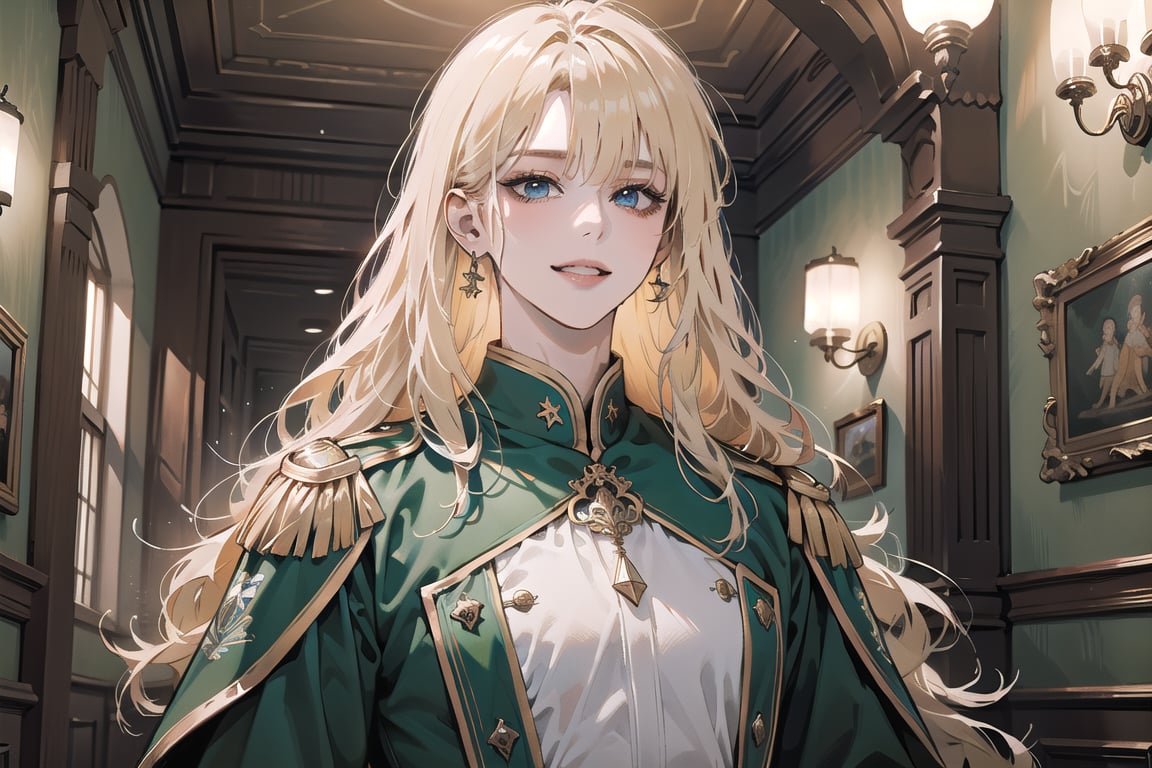 Oxyia, 1girl, solo, ((Blonde hair)), (bangs), wavy long hair, blue eyes, smile, ((small chest:1.3)), ((slim figure:1.2)), wearing a (green military tunic), long sleeve, by Raphael, masterpiece, upper body shot, magnificent indoor hall