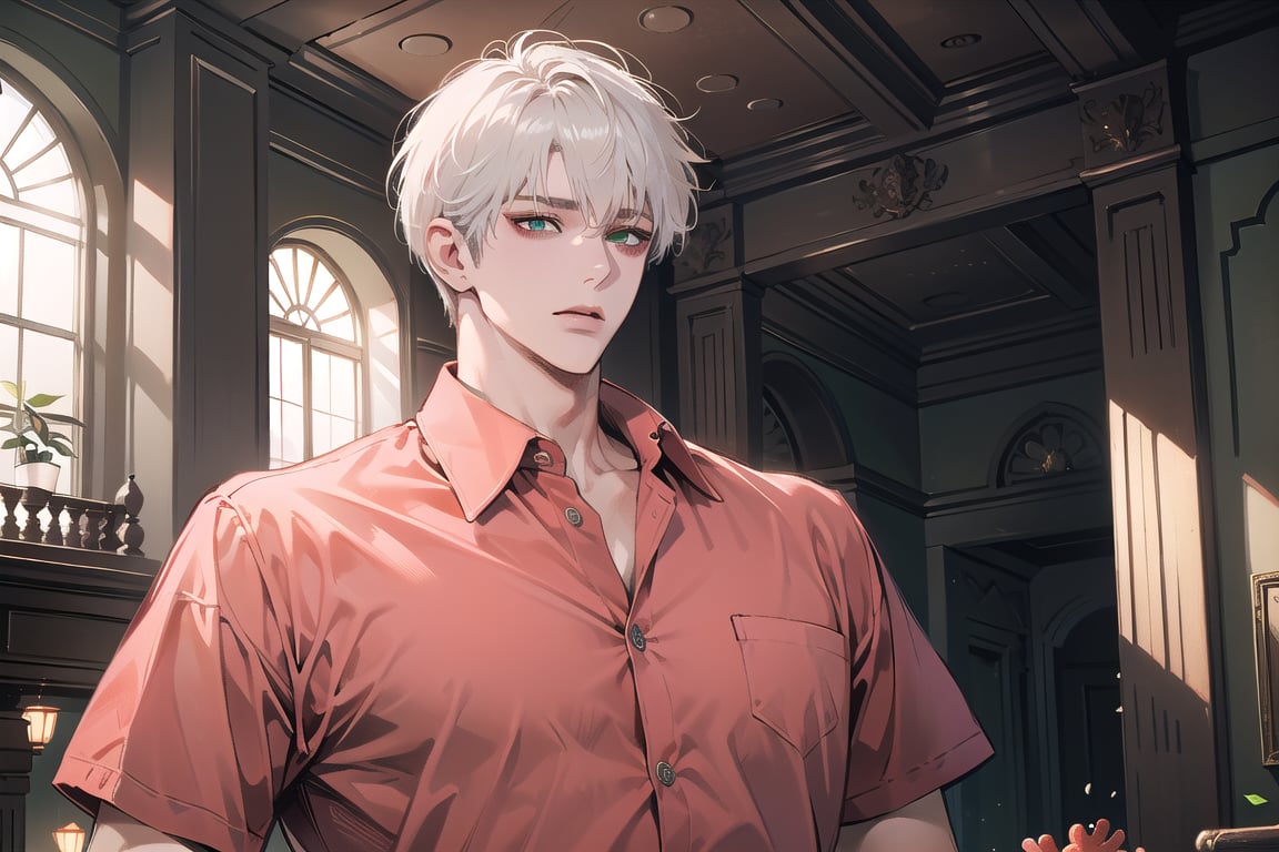 Ydor, 1boy, ((solo focus)), ((white short hair)), (Left side-parting bangs), green eyes, handsome, mature, angular jaw, thick neck, ((Coral)) ((shirt:1.3)), short sleeve, by Raphael, masterpiece, upper body shot, magnificent indoor hall