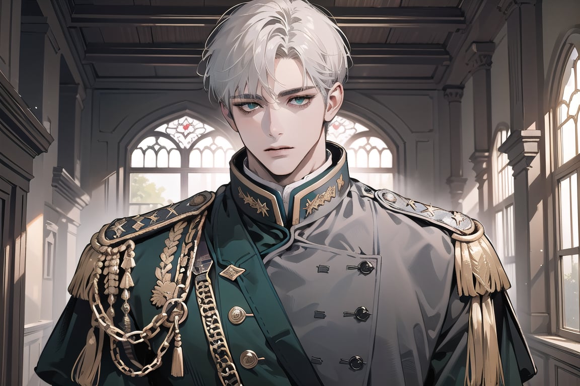 Ydor, 1boy, ((solo focus)), ((white short hair)), (Left side-parting bangs), green eyes, handsome, mature, angular jaw, thick neck, ((Gray)) ((military uniform:1.3)), by Raphael, masterpiece, upper body shot, magnificent indoor hall