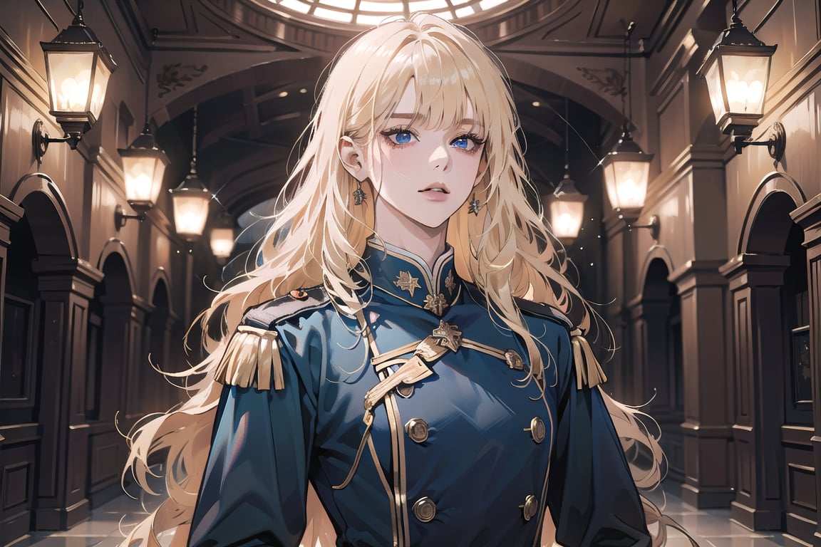 Oxyia, 1 mature woman, solo, ((Blonde hair)), (bangs), wavy long hair, blue eyes, ((small chest:1.2)), wearing a (military uniform), long sleeve, by Raphael, masterpiece, upper body shot, magnificent indoor hall