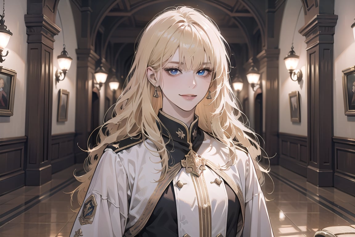 Oxyia, 1 mature woman, solo, ((Blonde hair)), (bangs), wavy long hair, blue eyes, smirk, ((small chest:1.3)), slim figure, wearing a (white military tunic), long sleeve, by Raphael, masterpiece, upper body shot, magnificent indoor hall