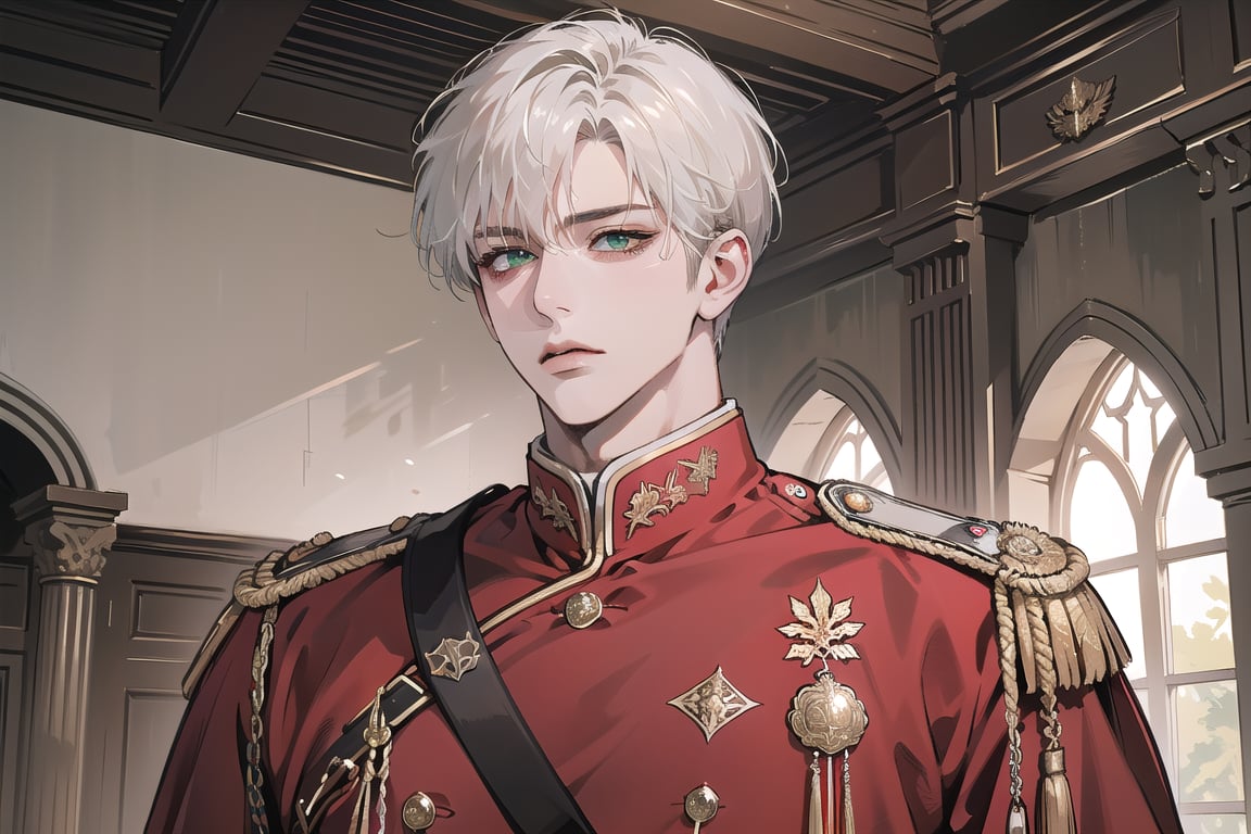 Ydor, 1boy, ((solo focus)), ((white short hair)), (Left side-parting bangs), green eyes, handsome, mature, angular jaw, thick neck, ((Red)) ((military uniform:1.3)), by Raphael, masterpiece, upper body shot, magnificent indoor hall