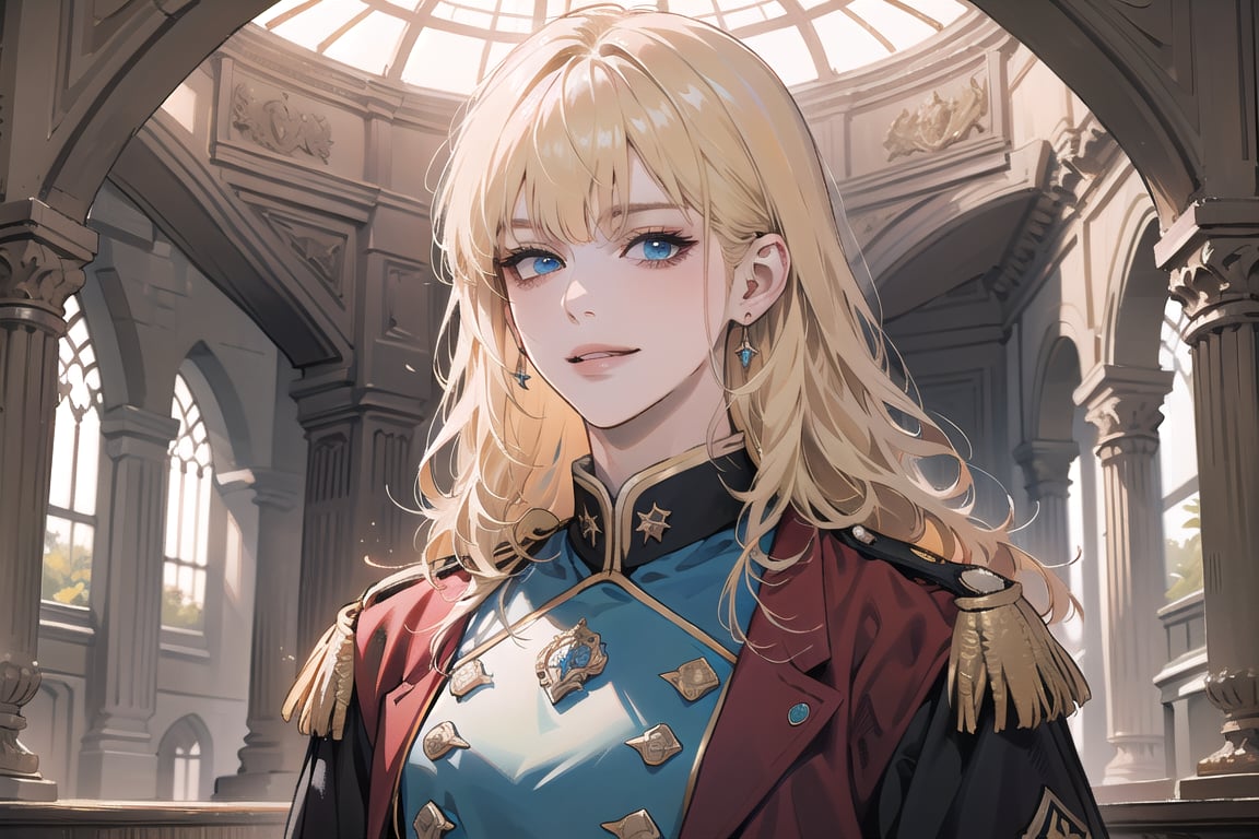 Oxyia, 1 mature woman, solo, ((Blonde hair)), (bangs), wavy long hair, blue eyes, smirk, ((small chest:1.2)), wearing a (red military uniform), long sleeve, by Raphael, masterpiece, upper body shot, magnificent indoor hall