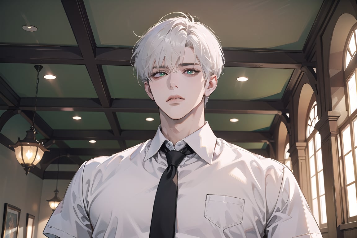 Ydor, 1boy, ((solo focus)), ((white short hair)), (Left side-parting bangs), green eyes, handsome, mature, angular jaw, thick neck, ((white)) ((shirt:1.3)), short sleeve, tie, by Raphael, masterpiece, upper body shot, magnificent indoor hall