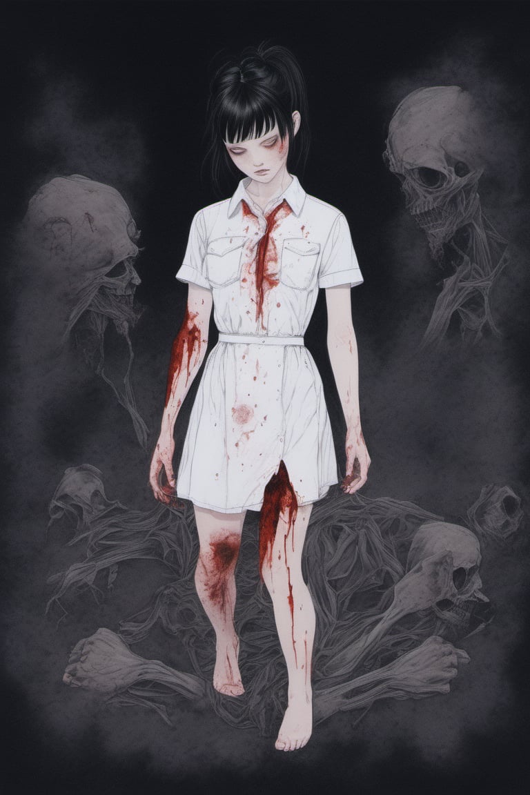 full-length realistic and gothic style image, zombie girl with wounds all over her body, the girl wears a white school shirt, the girl wears a short black school skirt, the girl has black hair, the girl has two ponytails behind from the head, an extra hand comes out of her left elbow, an extra hand comes out of her right elbow, an extra hand comes out of the girl's head, an arm comes out of the girl's back, her left eye is gray, wound gangrenous in the stomach, the girl poses hunched over, the girl has straight bangs on her forehead, her whole body has blood splashes, the background is made of corpses, the sky in the background is foggy and black, macabre ambient,