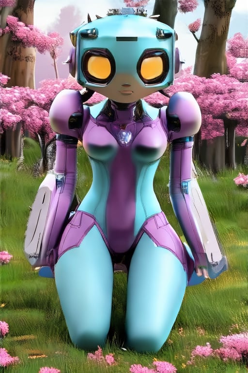 mecha girl, chainsaw both hands,purple & light blue armor, square helmet in her head, sakura forest in the background, spikes, light blue hair, sexaroid_of_mechagirl, posing sexy on knees, one hand touching her head, realistic, entire body image, swimsuit, robot joints, pulling her ribs forward,