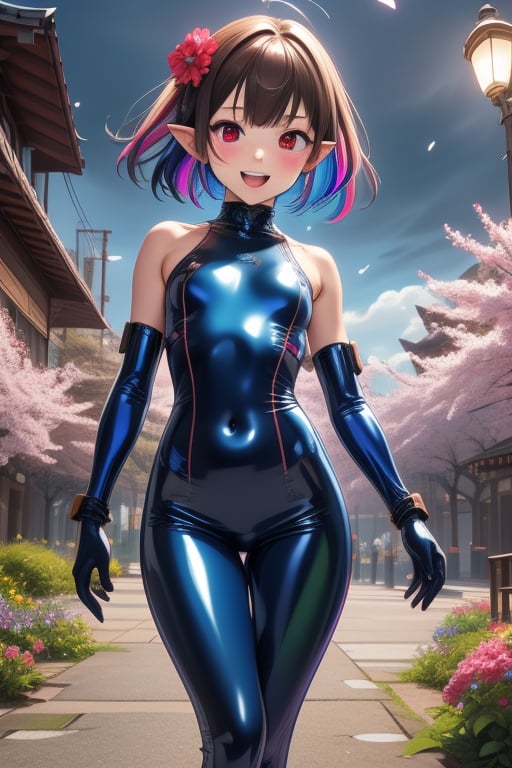 1girl, entire body image, The girl is posing sexy in a sakura night park, wearing a violet sequin latex tight swimsuit with red marks, red eyes, black eyeliner around the eyes, black lips,heavy brown messy short hair covering her left eye, flat chested, flat stomach, skinny body, small stature, short stature, lewd smile face with slightly blushing, open mouth, blue & green skin, stormy sky in the background with thunders, multicolored flowers flying for all places, blunt bangs in her forehead, Blue denim pants with red details, holding a TMP giant gun in her left hand, lion foots, wearing blue latex gloves in her hands, pointy ears, loli, high quality, HD,