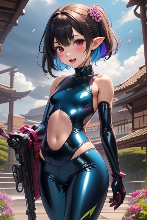 1girl, entire body image, The girl is posing sexy in a sakura night park, wearing a violet sequin latex tight swimsuit with red marks, red eyes, black eyeliner around the eyes, black lips,heavy brown messy short hair covering her left eye, flat chested, flat stomach, skinny body, small stature, short stature, lewd smile face with slightly blushing, open mouth, blue & green skin, stormy sky in the background with thunders, multicolored flowers flying for all places, blunt bangs in her forehead, Blue denim pants with red details, holding a TMP giant gun in her left hand, lion foots, wearing blue latex gloves in her hands, pointy ears, loli, high quality, HD,