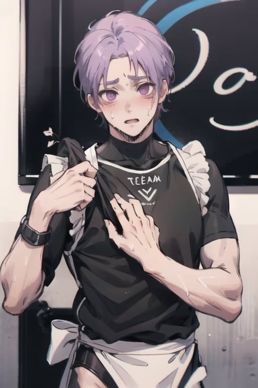 A captivating masterpiece, a boy, Reo from Blue Lock, blushing, half muscled, big breasts, excellent quality, background of any pastel color. Half cute style, he is excited, nervous, sweating, wears maid/servant clothes, on his back, looking at the viewer, mikage reo, sex, 1guy, loose hair
