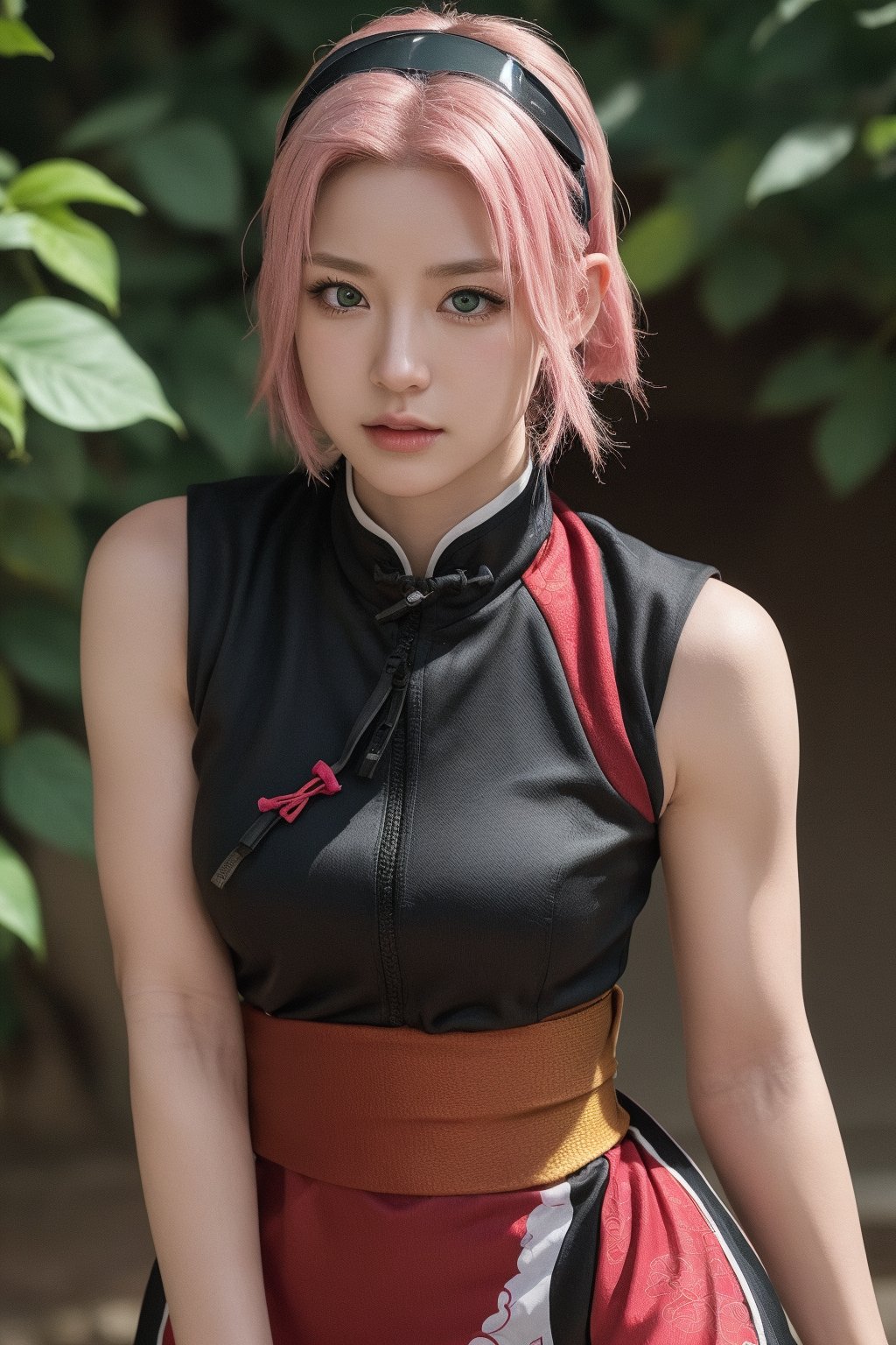 8k, best quality, masterpiece, realistic, ultra detail, photo realistic, Increase quality, Highly detailed, anime style character design of Sakura Haruno from Naruto with pink hair, (green eyes:0.8), and smooth skin, detailed facial features: large expressive eyes with long eyelashes, small nose, and determined lips, strong jawline, high cheekbones, fierce and focused expression, battle-ready stance, (wearing a red qipao dress :1.2), black shorts, elbow protectors, white gloves, red forehead protector with the Leaf Village symbol, hair styled in shoulder-length, straight cut, slim build, athletic physique, strong posture, dynamic anime-style background, bright and intense, with motion effects to indicate action, serious, looking at viewer, hairband, forehead protector, sleeveless shirt, gloves, looking_at_viewer:1.4, portrait,harunoshipp,harunonewera, black sash, detailed face