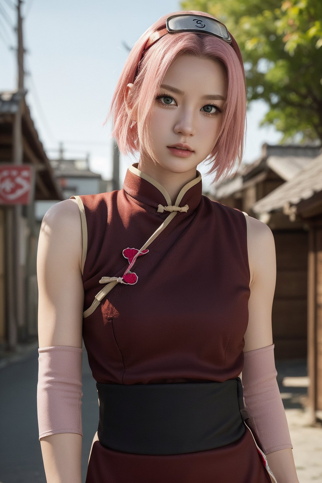 8k, best quality, masterpiece, realistic, ultra detail, photo realistic, Increase quality, Highly detailed, anime style character design of Sakura Haruno from Naruto with pink hair, (green eyes:0.8), and smooth skin, detailed facial features: large expressive eyes with long eyelashes, small nose, and determined lips, strong jawline, high cheekbones, fierce and focused expression, battle-ready stance, (wearing a red qipao dress :1.2), black shorts, elbow protectors, white gloves, red forehead protector with the Leaf Village symbol, hair styled in shoulder-length, straight cut, slim build, athletic physique, strong posture, dynamic anime-style background, bright and intense, with motion effects to indicate action, serious, looking at viewer, hairband, forehead protector, sleeveless shirt, gloves, looking_at_viewer:1.4, portrait,harunoshipp,harunonewera, black sash, detailed face